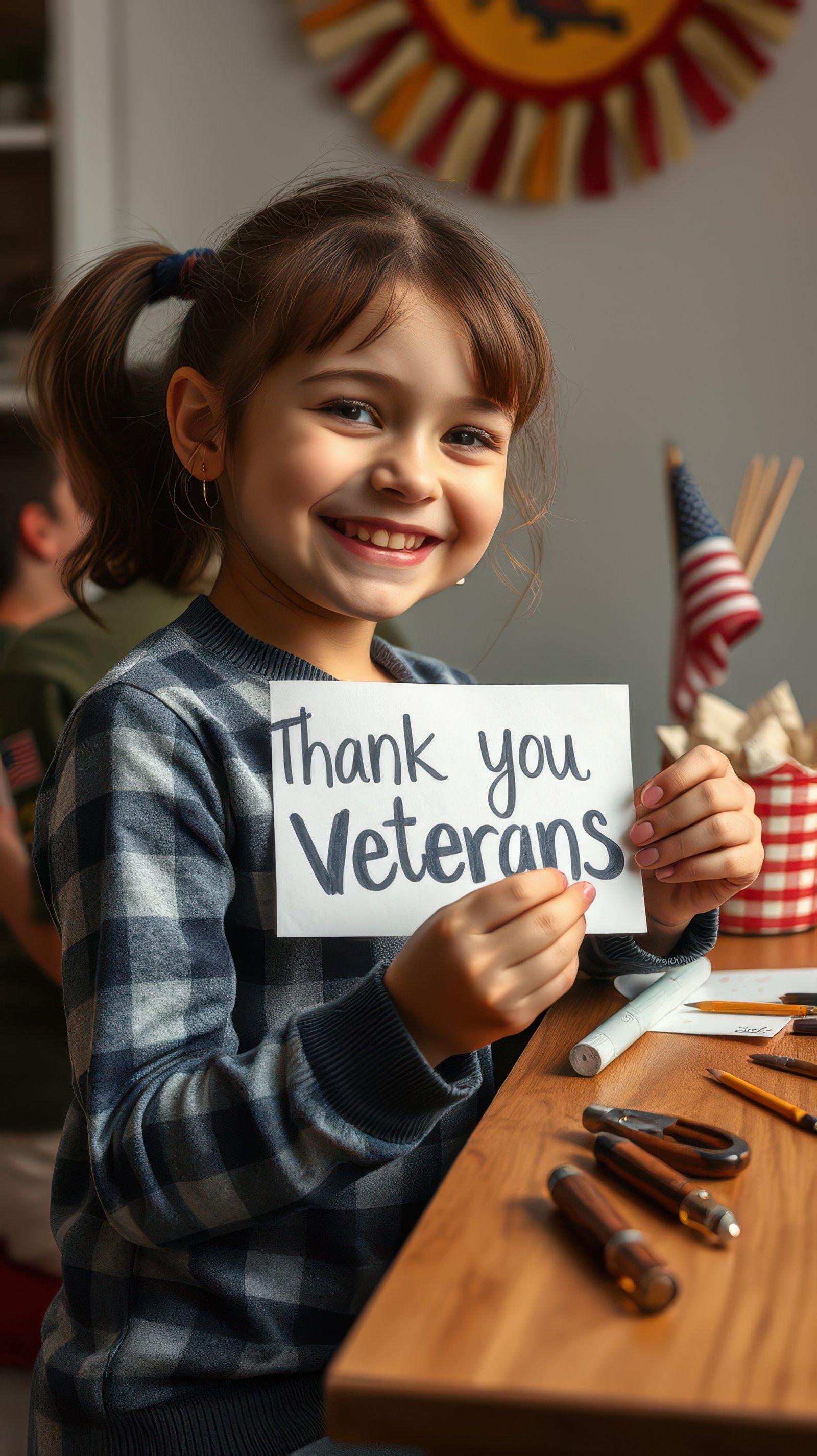 Young child expresses gratitude to veterans with handmade sign in a cozy indoor setting